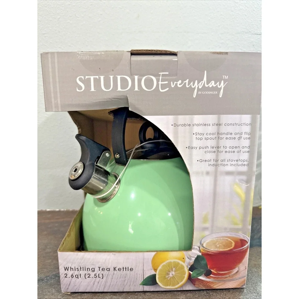 Studio Everyday Godinger Mint Green Whistling Tea Kettle 2.6 Qt Stainless Steel